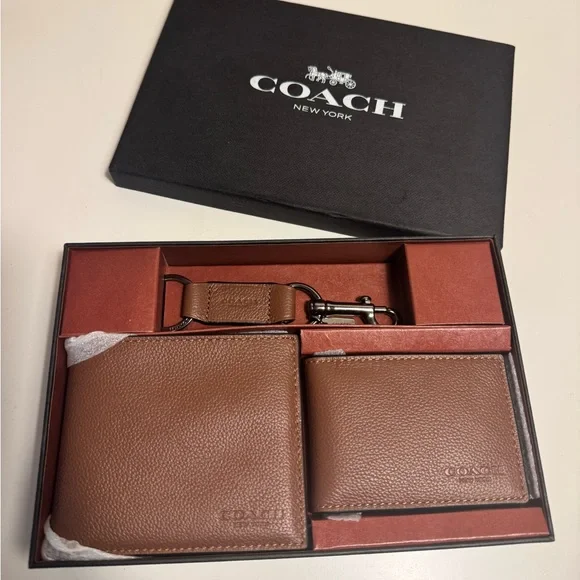 Coach Men's Compact ID Sport Leather 3-in-1 Wallet Gift Set Dark Saddle F64118 - Picture 1 of 13